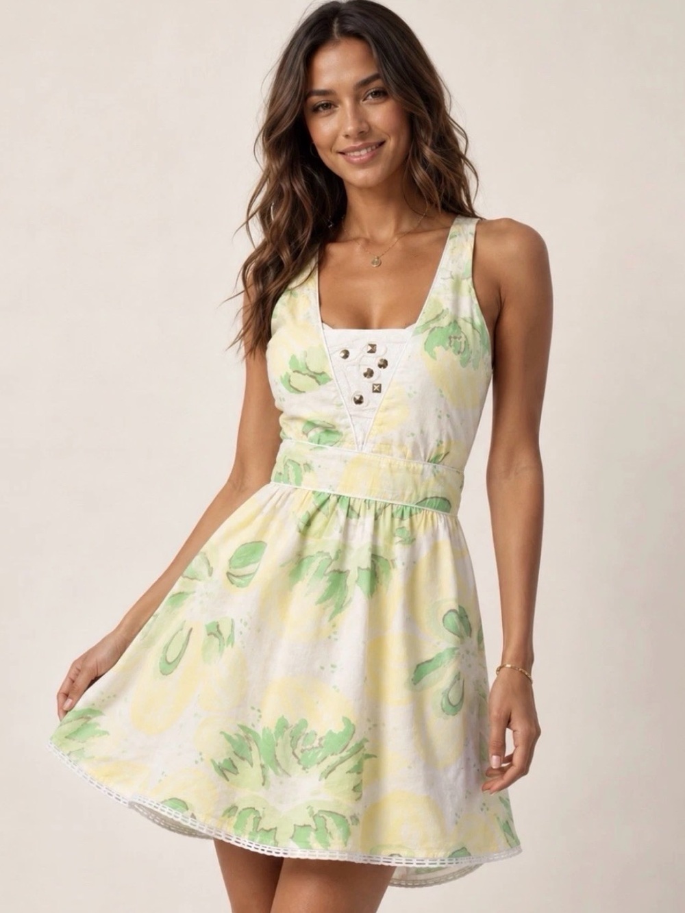 Free People Yellow and Green Floral V-Neck Sundress